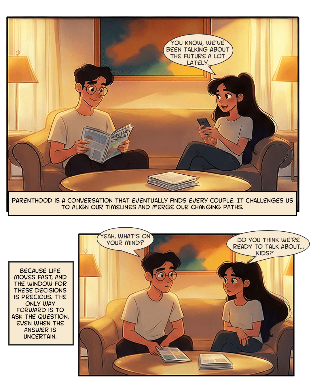 Alex and Taylor begin the conversation — “Do you think we’re ready to talk about… kids?”